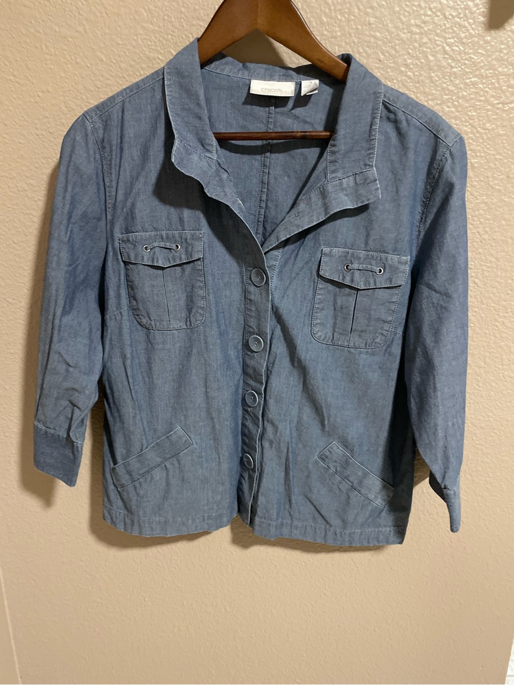 Chico's Chambray Button-Front Shirt Jacket in Blue
